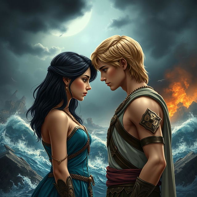 A poignant love story moment featuring a teenage daughter of Poseidon with black shoulder-length hair, dressed in beautifully crafted warrior clothes that reflect the colors of the sea