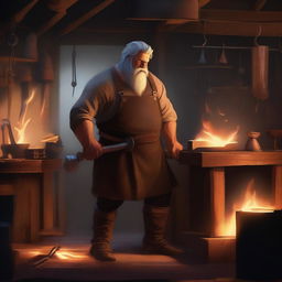 A detailed digital art image of a burly blacksmith in a medieval shop, engrossed in crafting a menacing axe