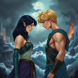 A poignant love story moment featuring a teenage daughter of Poseidon with black shoulder-length hair, dressed in beautifully crafted warrior clothes that reflect the colors of the sea