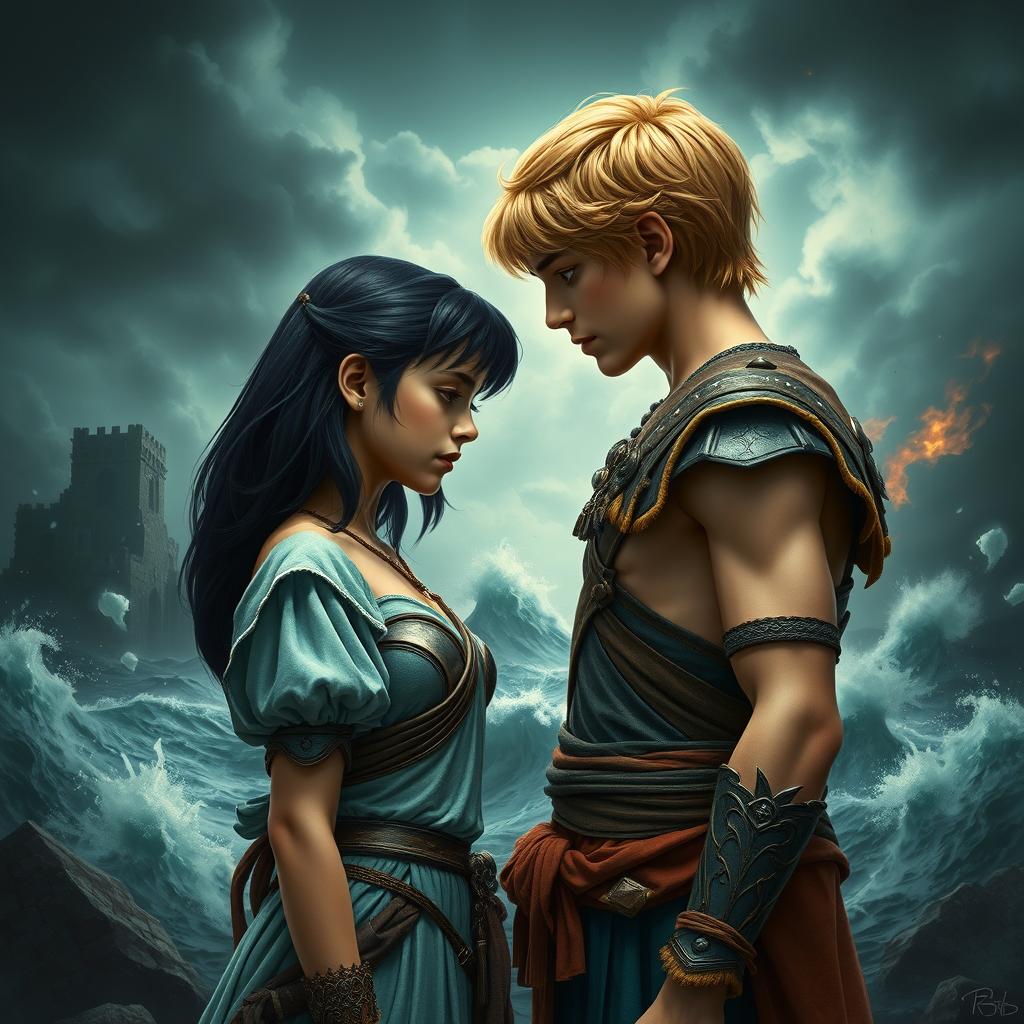 A poignant love story moment featuring a teenage daughter of Poseidon with black shoulder-length hair, dressed in beautifully crafted warrior clothes that reflect the colors of the sea