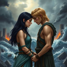 A poignant love story moment featuring a teenage daughter of Poseidon with black shoulder-length hair, dressed in beautifully crafted warrior clothes that reflect the colors of the sea