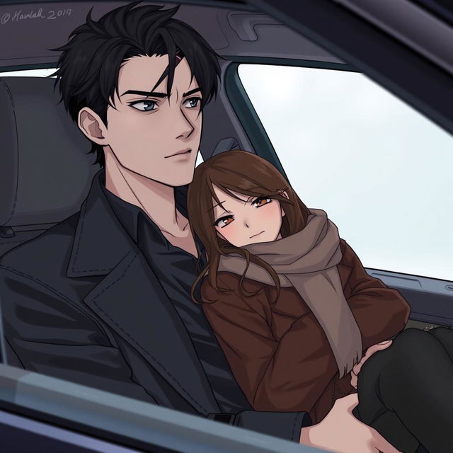 A realistic anime illustration of a 25-year-old man sitting in a car, gazing thoughtfully out the window