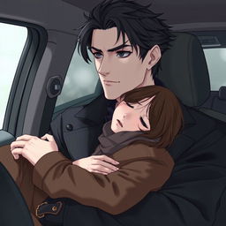 A realistic anime illustration of a 25-year-old man sitting in a car, gazing thoughtfully out the window