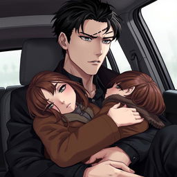 A realistic anime illustration of a 25-year-old man sitting in a car, gazing thoughtfully out the window