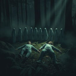 A haunting scene set in a dimly lit, overgrown forest clearing at twilight, featuring two bodies sprawled on the ground, partially obscured by fallen leaves and ferns