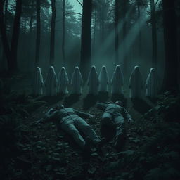 A haunting scene set in a dimly lit, overgrown forest clearing at twilight, featuring two bodies sprawled on the ground, partially obscured by fallen leaves and ferns