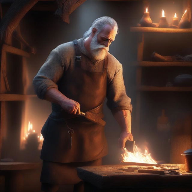 A detailed digital art image of a burly blacksmith in a medieval shop, engrossed in crafting a menacing axe