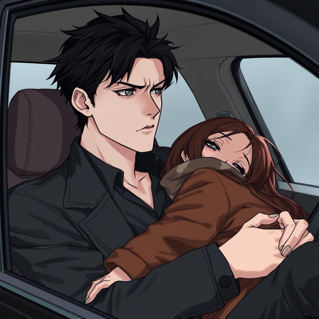 A realistic anime illustration of a 25-year-old man sitting in a car, gazing out the window