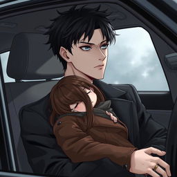 A realistic anime illustration of a 25-year-old man sitting in a car, gazing out the window