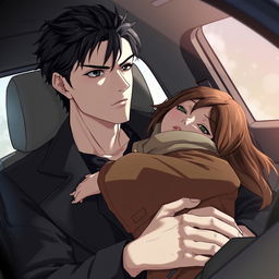 A realistic anime illustration of a 25-year-old man sitting in a car, gazing out the window