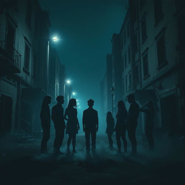 A compelling scene set in a dimly lit, abandoned urban area, depicting ten friends gathered in a circle, but with nine of them represented as ghostly silhouettes disappearing into the shadows