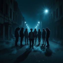 A compelling scene set in a dimly lit, abandoned urban area, depicting ten friends gathered in a circle, but with nine of them represented as ghostly silhouettes disappearing into the shadows