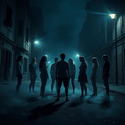 A compelling scene set in a dimly lit, abandoned urban area, depicting ten friends gathered in a circle, but with nine of them represented as ghostly silhouettes disappearing into the shadows