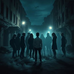 A compelling scene set in a dimly lit, abandoned urban area, depicting ten friends gathered in a circle, but with nine of them represented as ghostly silhouettes disappearing into the shadows