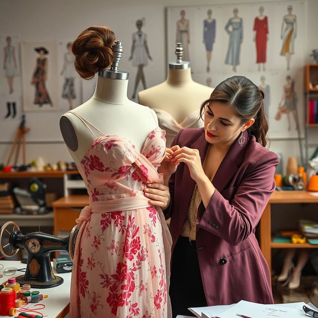 A woman skillfully crafting a beautiful dress on a mannequin resembling the famous figure of Renee Murden