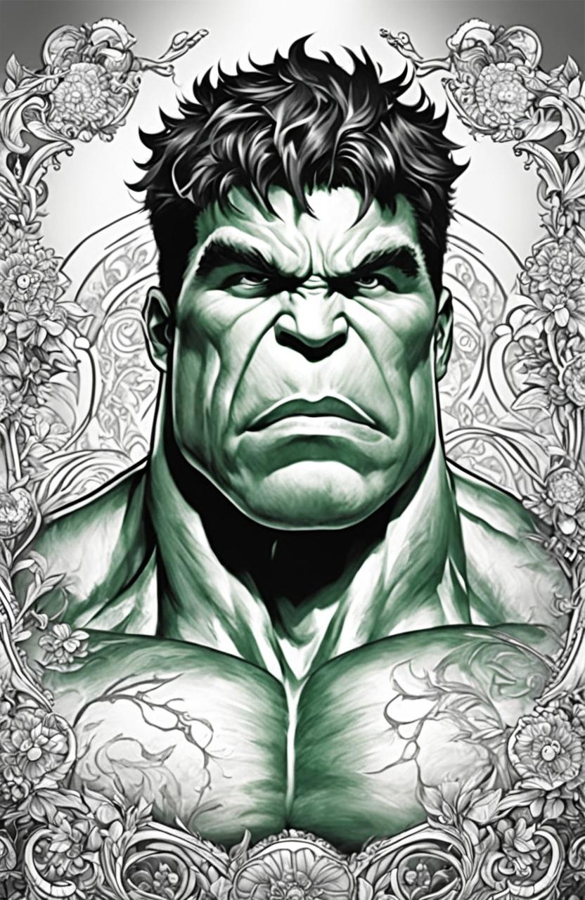 A high-quality, black and white coloring page featuring an outline of the Marvel character, the Hulk, in the intricate style of Johanna Basford