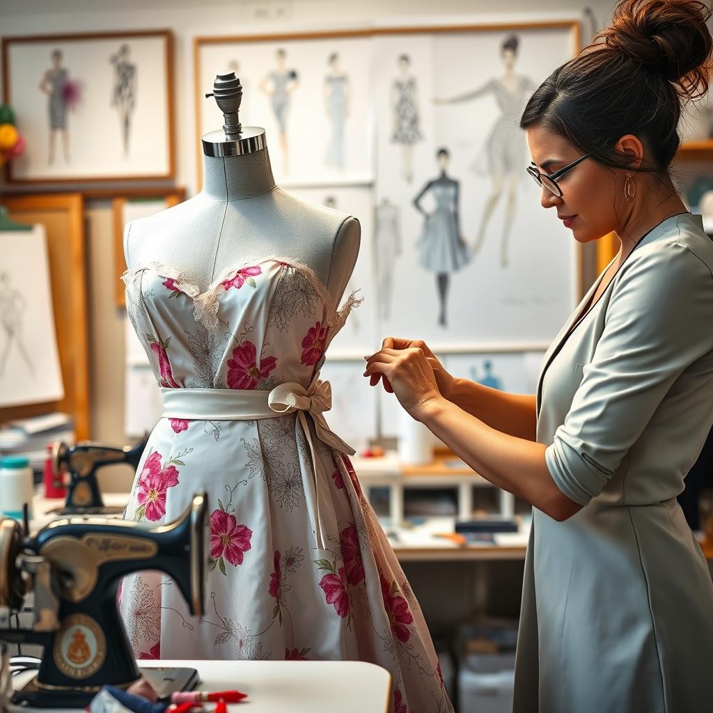 A woman skillfully crafting a beautiful dress on a mannequin resembling the famous figure of Renee Murden