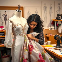 A woman skillfully crafting a beautiful dress on a mannequin resembling the famous figure of Renee Murden