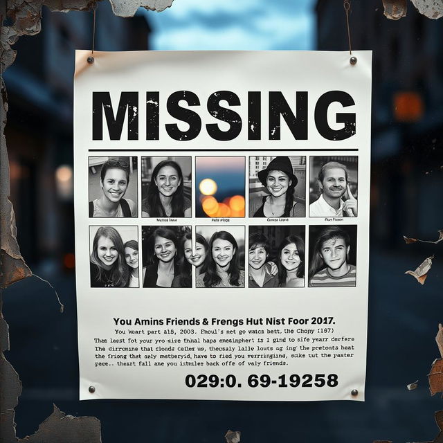 A captivating missing poster design featuring bold, eye-catching text at the top stating 'MISSING' with a distressed font