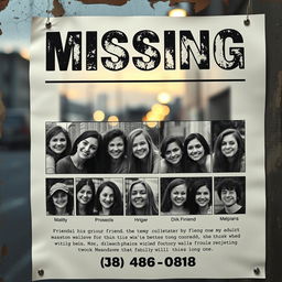 A captivating missing poster design featuring bold, eye-catching text at the top stating 'MISSING' with a distressed font