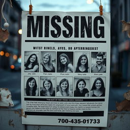 A captivating missing poster design featuring bold, eye-catching text at the top stating 'MISSING' with a distressed font