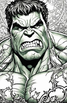 A high-quality, black and white coloring page featuring an outline of the Marvel character, the Hulk, in the intricate style of Johanna Basford