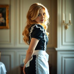 A blonde woman in a classic maid uniform, posing gracefully while standing with her back to the viewer