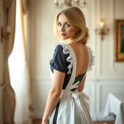 A blonde woman in a classic maid uniform, posing gracefully while standing with her back to the viewer