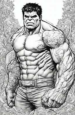 A high-quality, black and white coloring page featuring an outline of the Marvel character, the Hulk, in the intricate style of Johanna Basford