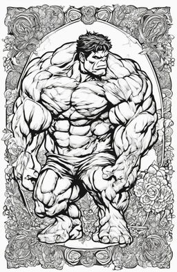 A high-quality, black and white coloring page featuring an outline of the Marvel character, the Hulk, in the intricate style of Johanna Basford