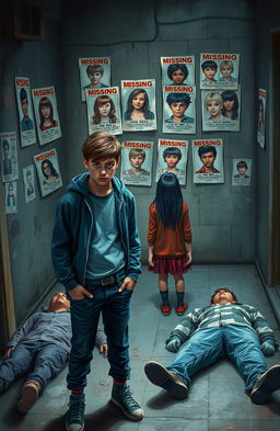 A dramatic scene depicting the aftermath of a mysterious event involving three distinct teenage cliques, each represented by their unique style and fashion