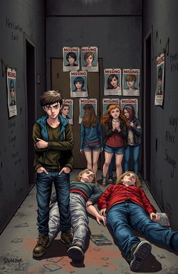 A dramatic scene depicting the aftermath of a mysterious event involving three distinct teenage cliques, each represented by their unique style and fashion