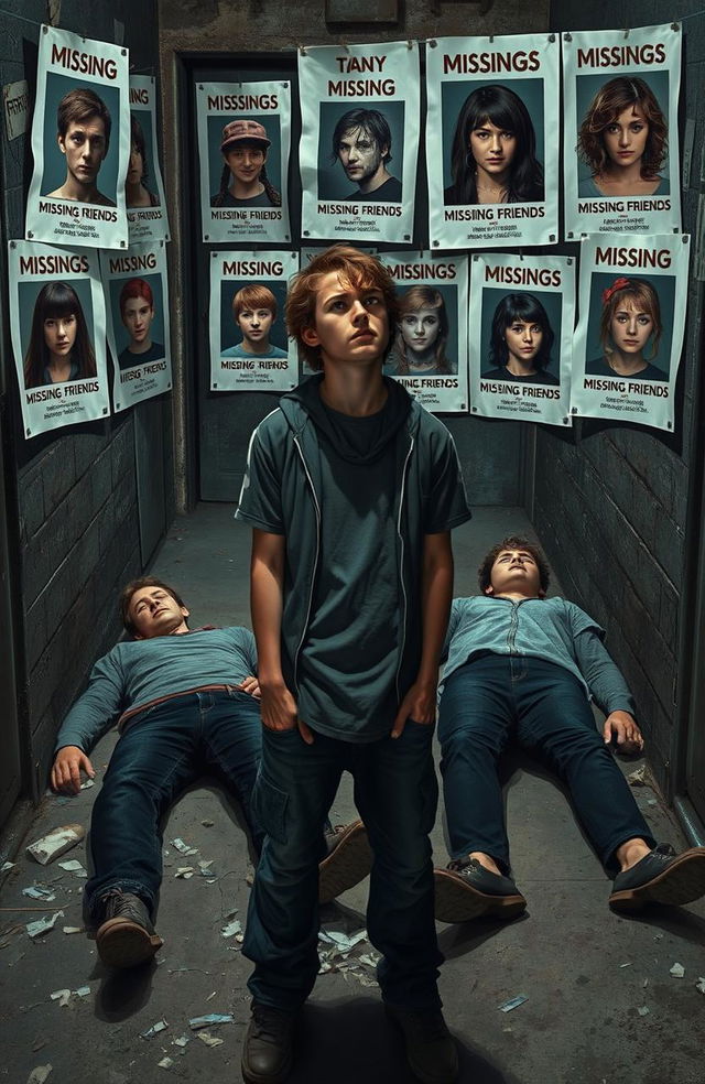 A dramatic scene depicting the aftermath of a mysterious event involving three distinct teenage cliques, each represented by their unique style and fashion