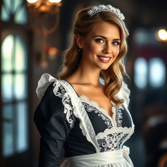 A stunning woman wearing a captivating maid uniform, featuring intricate lace details and a charming overall design