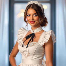 A stunning woman wearing a captivating maid uniform, featuring intricate lace details and a charming overall design