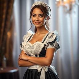 A stunning woman wearing a captivating maid uniform, featuring intricate lace details and a charming overall design