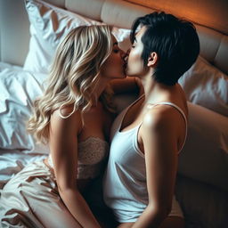 A passionate scene depicting two beautiful women engaged in an intimate kiss on a luxurious bed