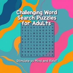 A vibrant and engaging cover design for an adult word search book