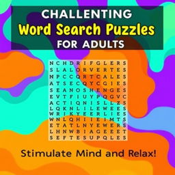 A vibrant and engaging cover design for an adult word search book