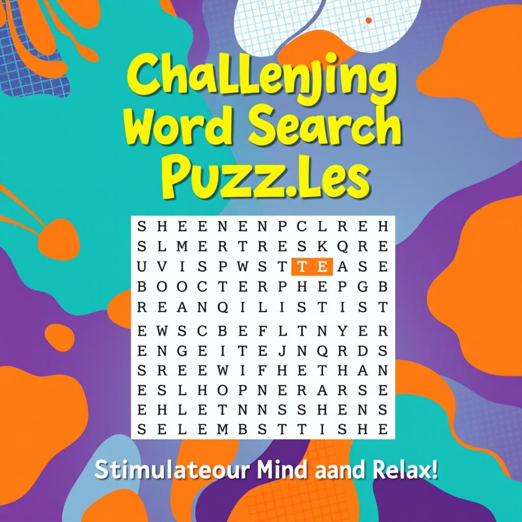 A vibrant and engaging cover design for an adult word search book