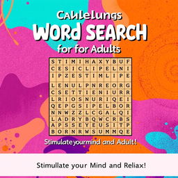 A vibrant and engaging cover design for an adult word search book