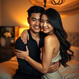 A romantic scene in a cozy bedroom at night, featuring a Chinese man with gentle features and a warm smile, embracing a beautiful, attractive woman with flowing dark hair and a soft glow about her