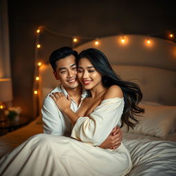 A romantic scene in a cozy bedroom at night, featuring a Chinese man with gentle features and a warm smile, embracing a beautiful, attractive woman with flowing dark hair and a soft glow about her