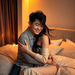 A romantic scene in a cozy bedroom at night, featuring a Chinese man with gentle features and a warm smile, embracing a beautiful, attractive woman with flowing dark hair and a soft glow about her