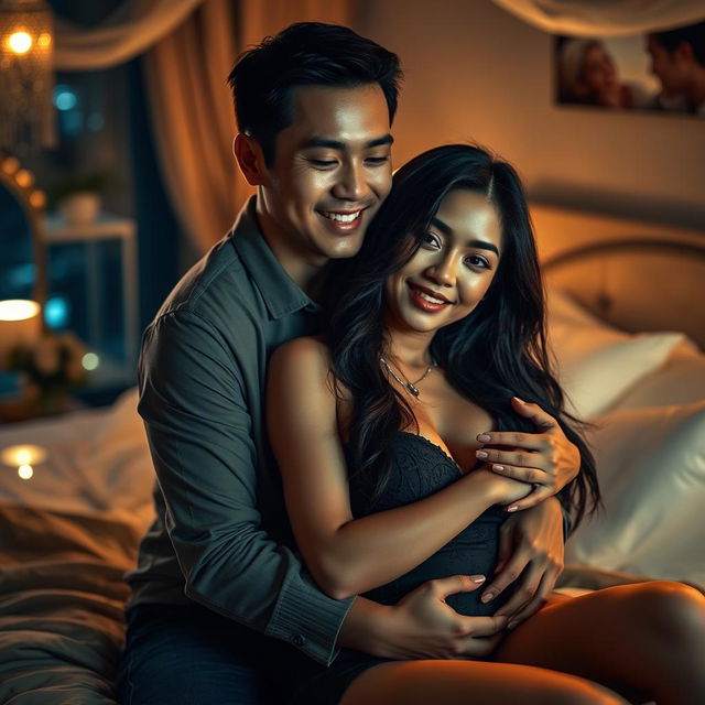 A romantic scene in a cozy bedroom at night, featuring a Chinese man with gentle features and a warm smile, embracing a beautiful, attractive woman with flowing dark hair and a soft glow about her