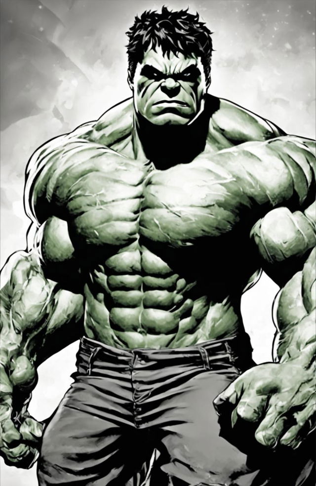 A high-quality, black and white coloring page featuring an outline of the Marvel character, the Hulk