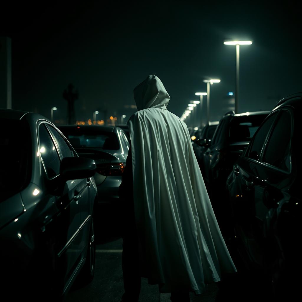 A mysterious white-caped figure stealthily moving through a dimly lit car park at night, surrounded by parked cars and shadows