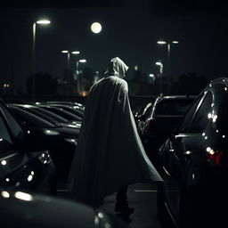 A mysterious white-caped figure stealthily moving through a dimly lit car park at night, surrounded by parked cars and shadows
