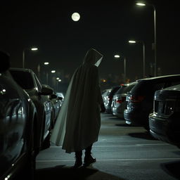 A mysterious white-caped figure stealthily moving through a dimly lit car park at night, surrounded by parked cars and shadows
