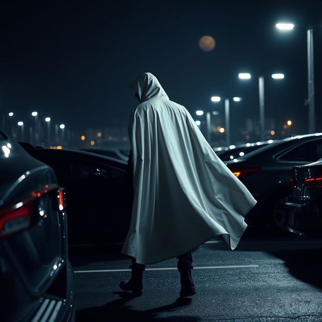 A mysterious white-caped figure stealthily moving through a dimly lit car park at night, surrounded by parked cars and shadows